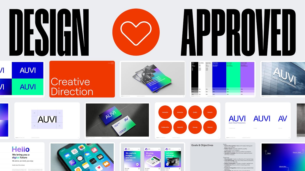 Comprehensive brand design work including logo, colors, and application mockups